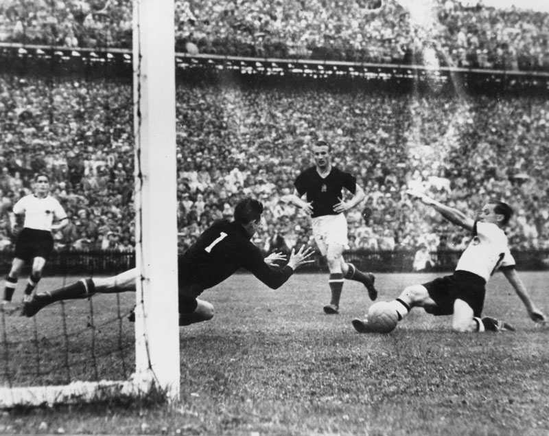 Max Morlock scores for Germany in the 1954 World Cup Final.